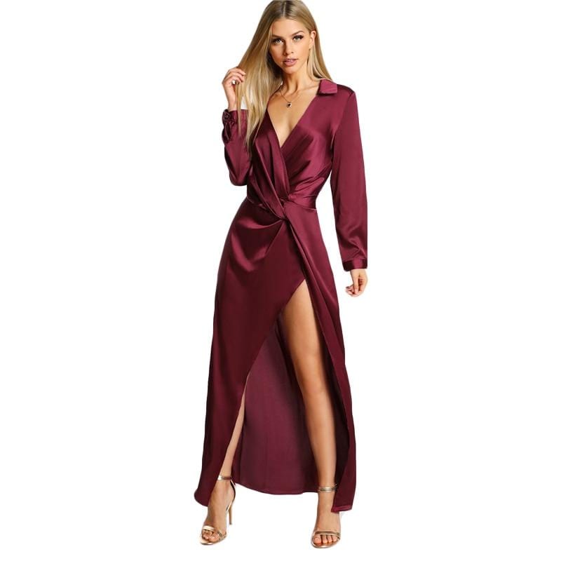 Burgundy Satin Collar Wrap Dress ...